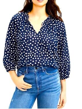 LOFT Navy and White Polka Dot Peasant Tunic - Size Large